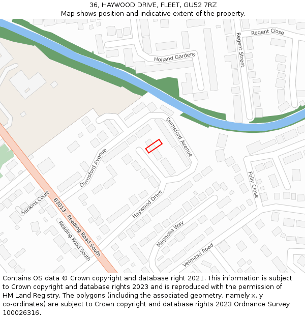 36, HAYWOOD DRIVE, FLEET, GU52 7RZ: Location map and indicative extent of plot