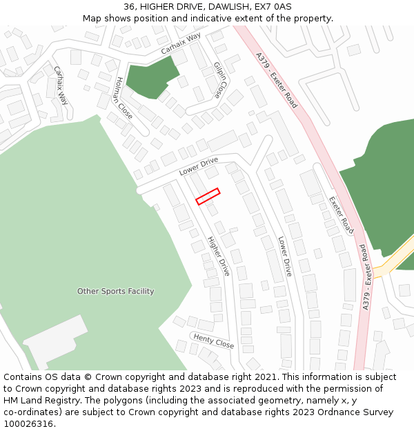 36, HIGHER DRIVE, DAWLISH, EX7 0AS: Location map and indicative extent of plot