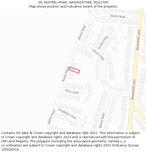 36, KESTREL ROAD, BASINGSTOKE, RG22 5PF: Location map and indicative extent of plot