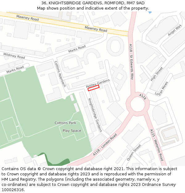 36, KNIGHTSBRIDGE GARDENS, ROMFORD, RM7 9AD: Location map and indicative extent of plot