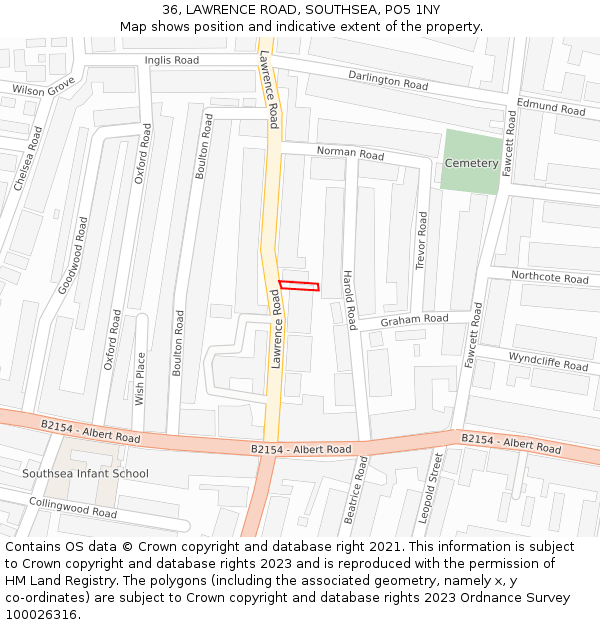 36, LAWRENCE ROAD, SOUTHSEA, PO5 1NY: Location map and indicative extent of plot