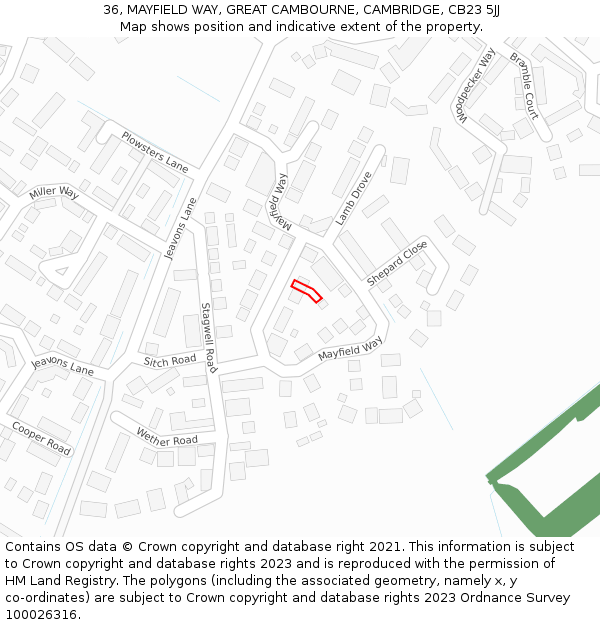 36, MAYFIELD WAY, GREAT CAMBOURNE, CAMBRIDGE, CB23 5JJ: Location map and indicative extent of plot