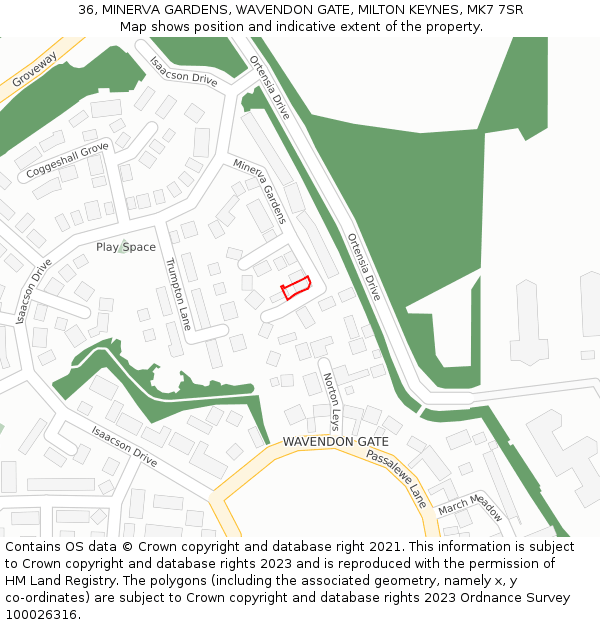 36, MINERVA GARDENS, WAVENDON GATE, MILTON KEYNES, MK7 7SR: Location map and indicative extent of plot