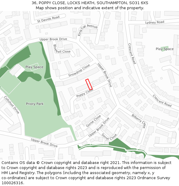 36, POPPY CLOSE, LOCKS HEATH, SOUTHAMPTON, SO31 6XS: Location map and indicative extent of plot