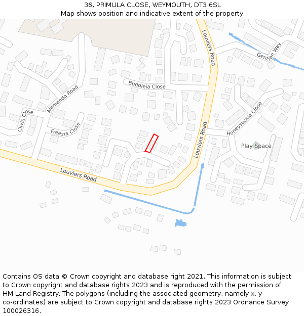 36, PRIMULA CLOSE, WEYMOUTH, DT3 6SL: Location map and indicative extent of plot