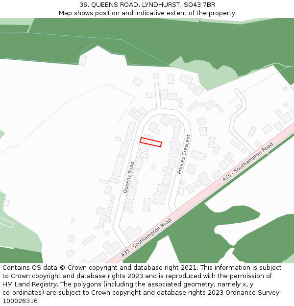 36, QUEENS ROAD, LYNDHURST, SO43 7BR: Location map and indicative extent of plot