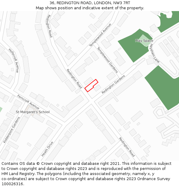 36, REDINGTON ROAD, LONDON, NW3 7RT: Location map and indicative extent of plot