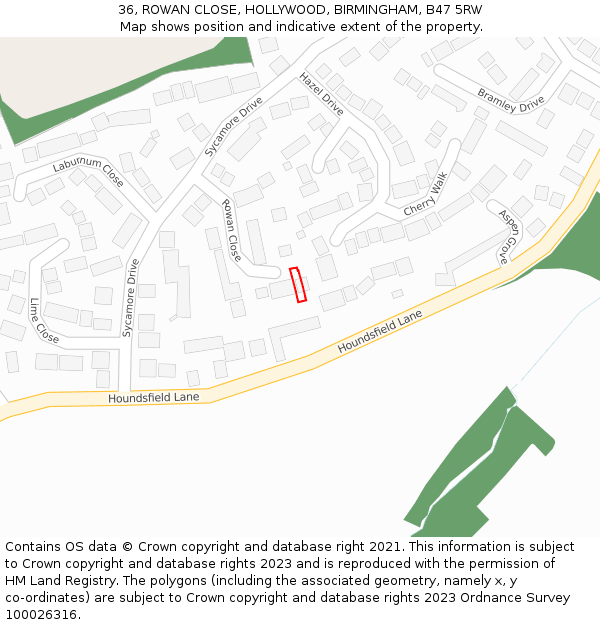 36, ROWAN CLOSE, HOLLYWOOD, BIRMINGHAM, B47 5RW: Location map and indicative extent of plot