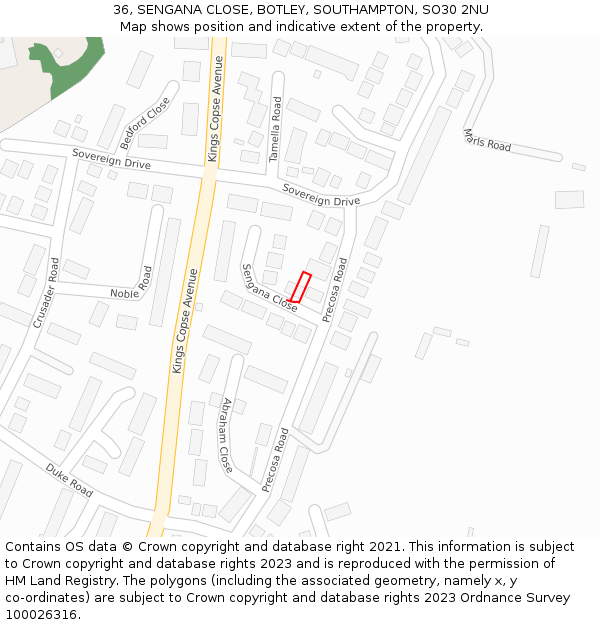 36, SENGANA CLOSE, BOTLEY, SOUTHAMPTON, SO30 2NU: Location map and indicative extent of plot