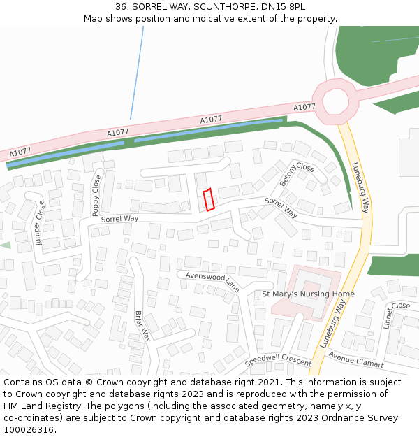 36, SORREL WAY, SCUNTHORPE, DN15 8PL: Location map and indicative extent of plot