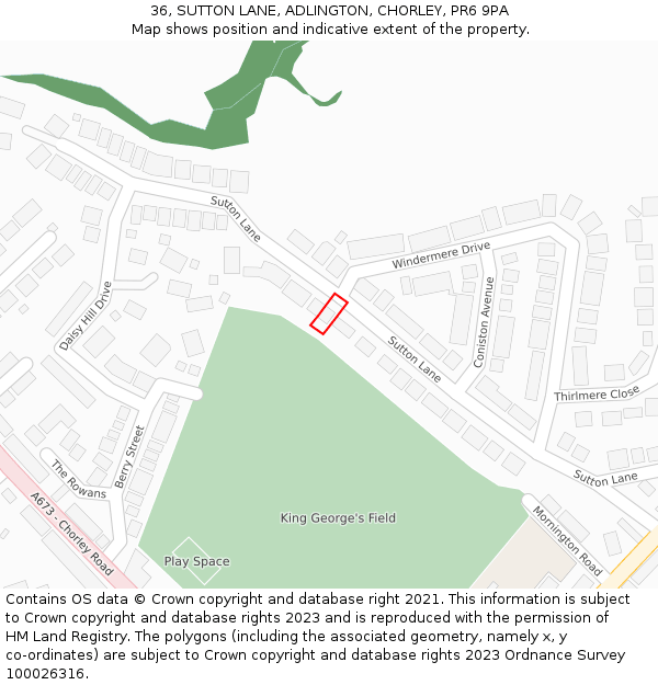 36, SUTTON LANE, ADLINGTON, CHORLEY, PR6 9PA: Location map and indicative extent of plot