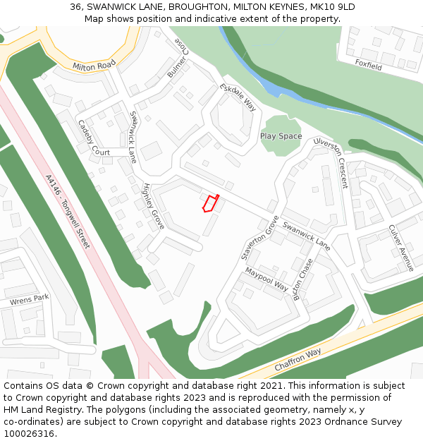 36, SWANWICK LANE, BROUGHTON, MILTON KEYNES, MK10 9LD: Location map and indicative extent of plot