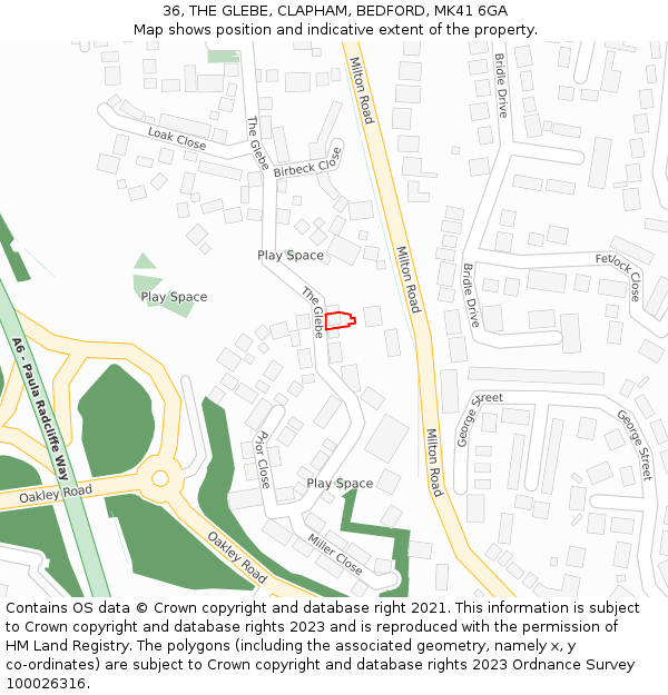 36, THE GLEBE, CLAPHAM, BEDFORD, MK41 6GA: Location map and indicative extent of plot