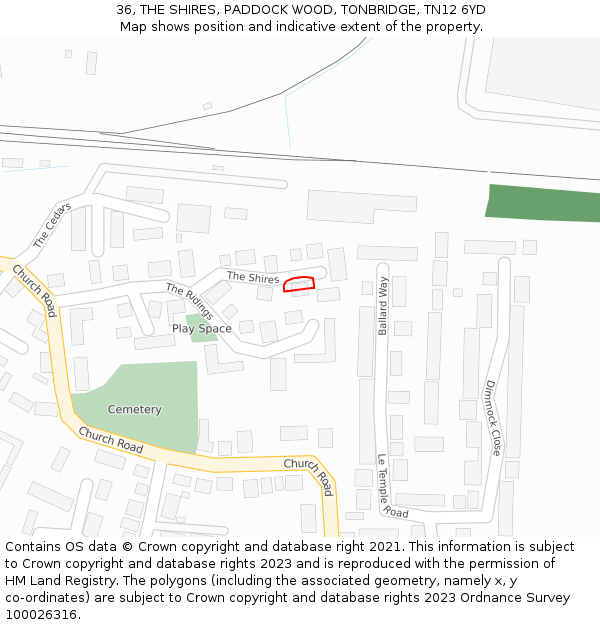 36, THE SHIRES, PADDOCK WOOD, TONBRIDGE, TN12 6YD: Location map and indicative extent of plot