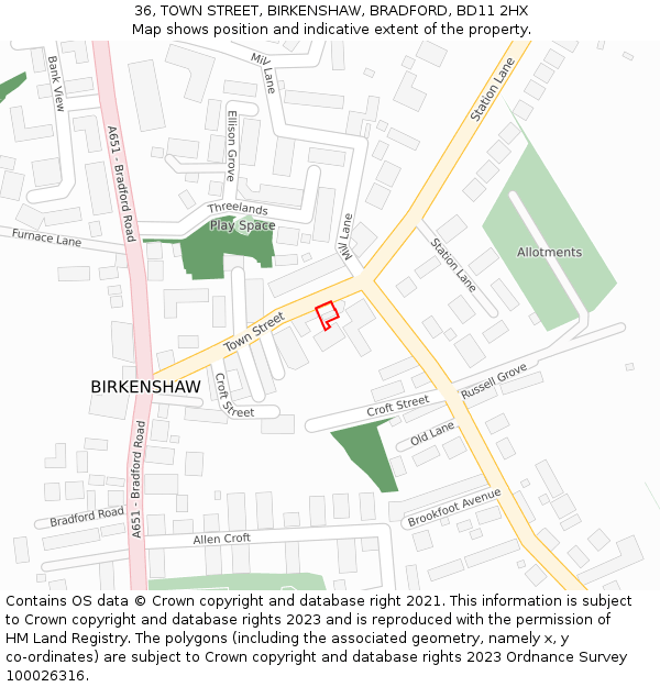 36, TOWN STREET, BIRKENSHAW, BRADFORD, BD11 2HX: Location map and indicative extent of plot