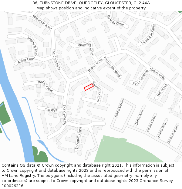 36, TURNSTONE DRIVE, QUEDGELEY, GLOUCESTER, GL2 4XA: Location map and indicative extent of plot