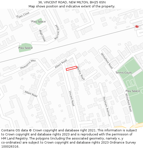 36, VINCENT ROAD, NEW MILTON, BH25 6SN: Location map and indicative extent of plot