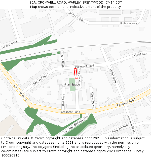 36A, CROMWELL ROAD, WARLEY, BRENTWOOD, CM14 5DT: Location map and indicative extent of plot