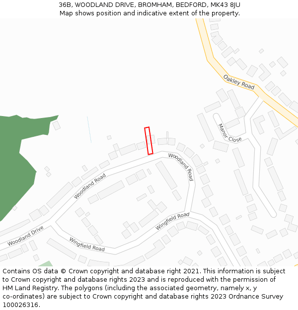 36B, WOODLAND DRIVE, BROMHAM, BEDFORD, MK43 8JU: Location map and indicative extent of plot