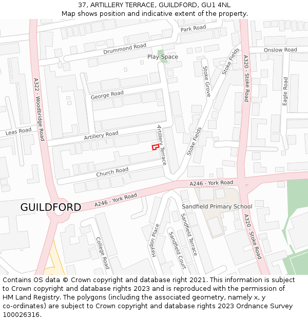 37, ARTILLERY TERRACE, GUILDFORD, GU1 4NL: Location map and indicative extent of plot