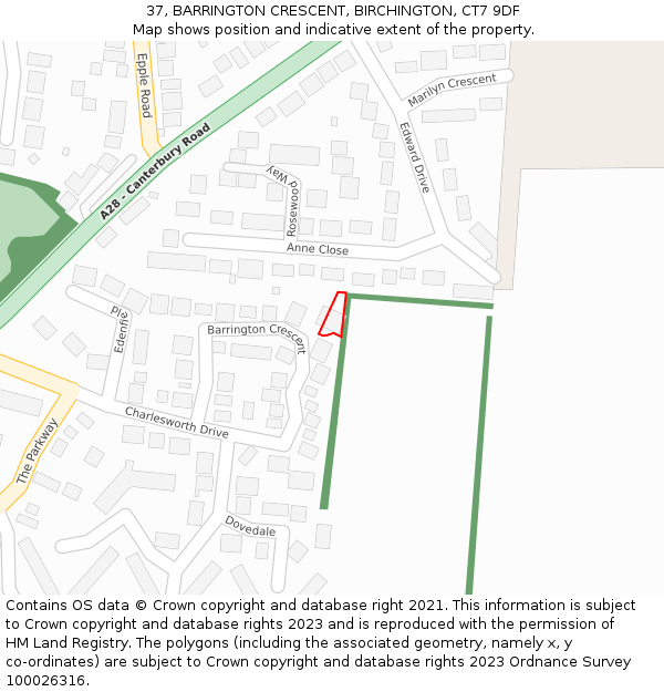 37, BARRINGTON CRESCENT, BIRCHINGTON, CT7 9DF: Location map and indicative extent of plot