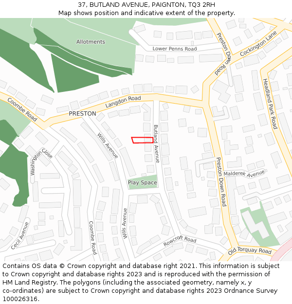 37, BUTLAND AVENUE, PAIGNTON, TQ3 2RH: Location map and indicative extent of plot