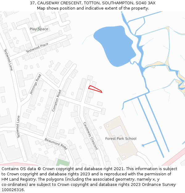 37, CAUSEWAY CRESCENT, TOTTON, SOUTHAMPTON, SO40 3AX: Location map and indicative extent of plot