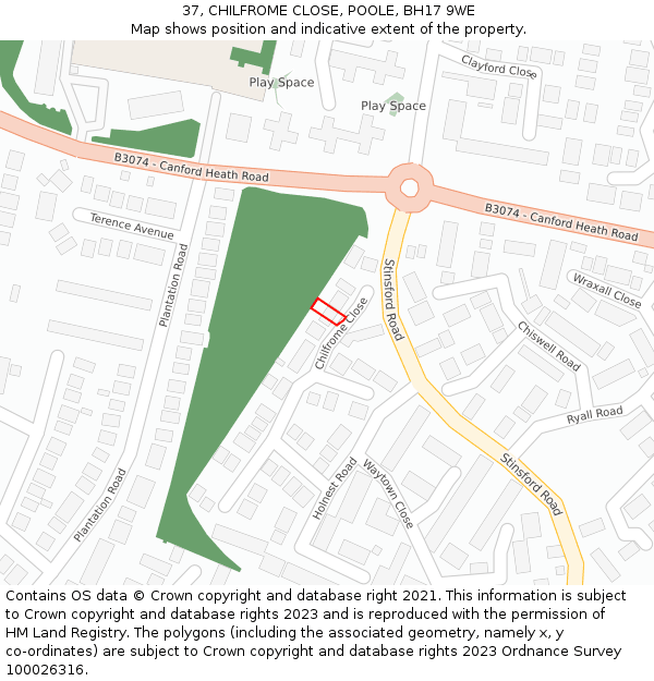 37, CHILFROME CLOSE, POOLE, BH17 9WE: Location map and indicative extent of plot