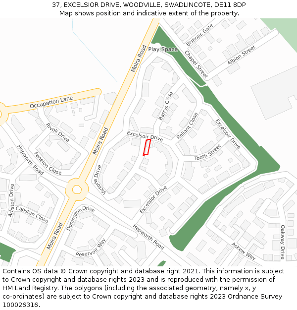 37, EXCELSIOR DRIVE, WOODVILLE, SWADLINCOTE, DE11 8DP: Location map and indicative extent of plot