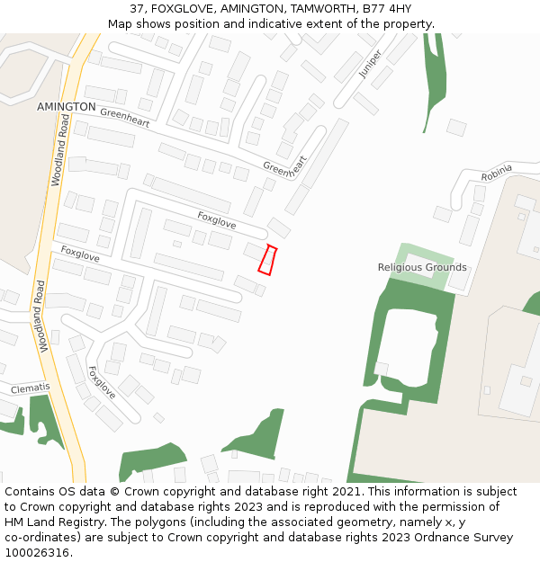 37, FOXGLOVE, AMINGTON, TAMWORTH, B77 4HY: Location map and indicative extent of plot