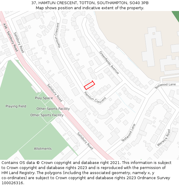 37, HAMTUN CRESCENT, TOTTON, SOUTHAMPTON, SO40 3PB: Location map and indicative extent of plot