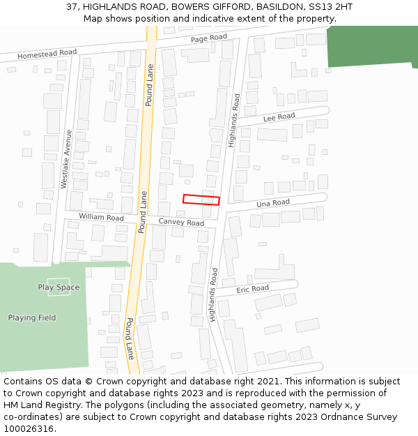 37, HIGHLANDS ROAD, BOWERS GIFFORD, BASILDON, SS13 2HT: Location map and indicative extent of plot