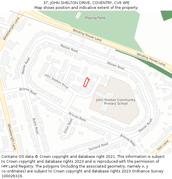 37, JOHN SHELTON DRIVE, COVENTRY, CV6 4PE: Location map and indicative extent of plot