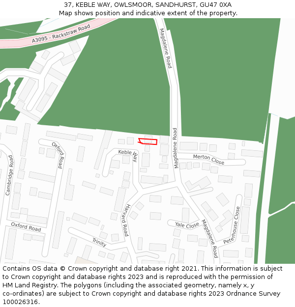 37, KEBLE WAY, OWLSMOOR, SANDHURST, GU47 0XA: Location map and indicative extent of plot