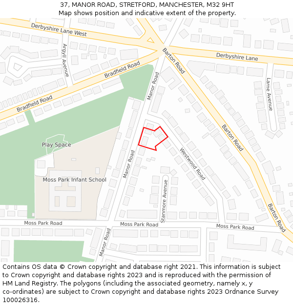 37, MANOR ROAD, STRETFORD, MANCHESTER, M32 9HT: Location map and indicative extent of plot