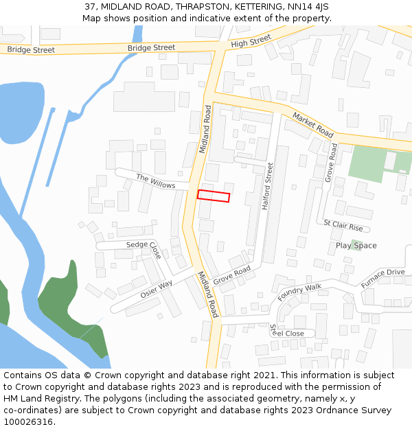 37, MIDLAND ROAD, THRAPSTON, KETTERING, NN14 4JS: Location map and indicative extent of plot