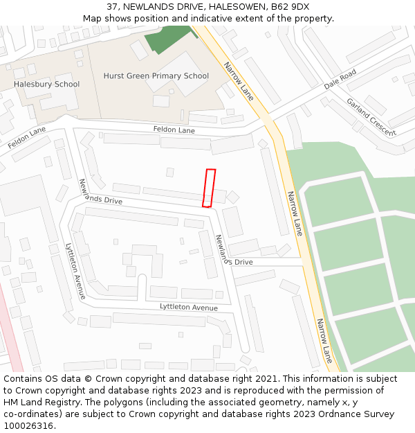 37, NEWLANDS DRIVE, HALESOWEN, B62 9DX: Location map and indicative extent of plot