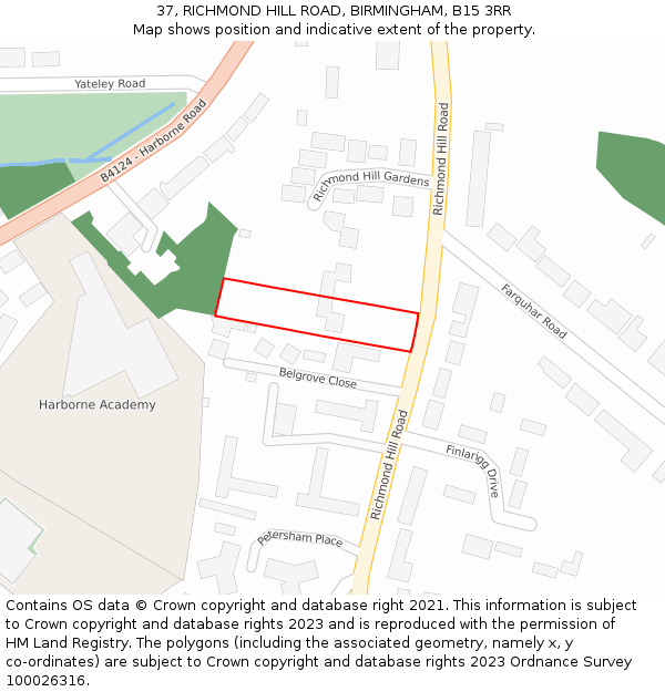 37, RICHMOND HILL ROAD, BIRMINGHAM, B15 3RR: Location map and indicative extent of plot