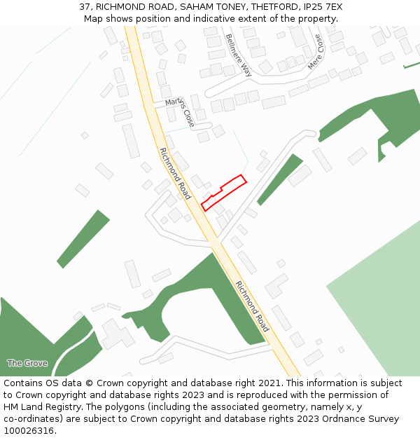 37, RICHMOND ROAD, SAHAM TONEY, THETFORD, IP25 7EX: Location map and indicative extent of plot