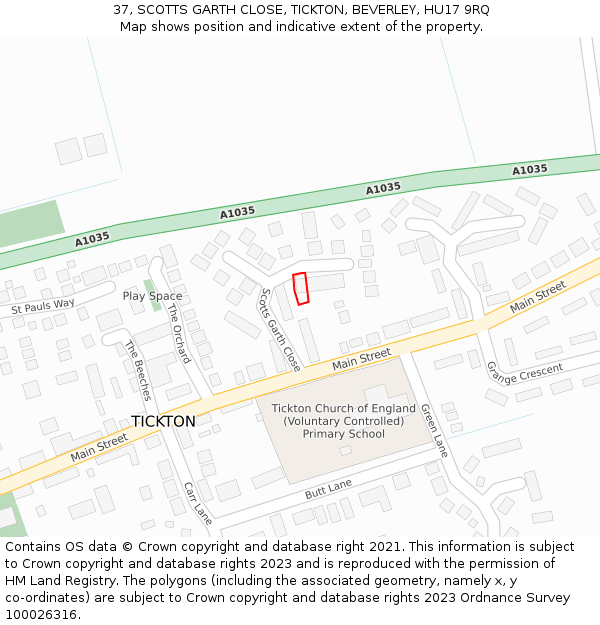 37, SCOTTS GARTH CLOSE, TICKTON, BEVERLEY, HU17 9RQ: Location map and indicative extent of plot