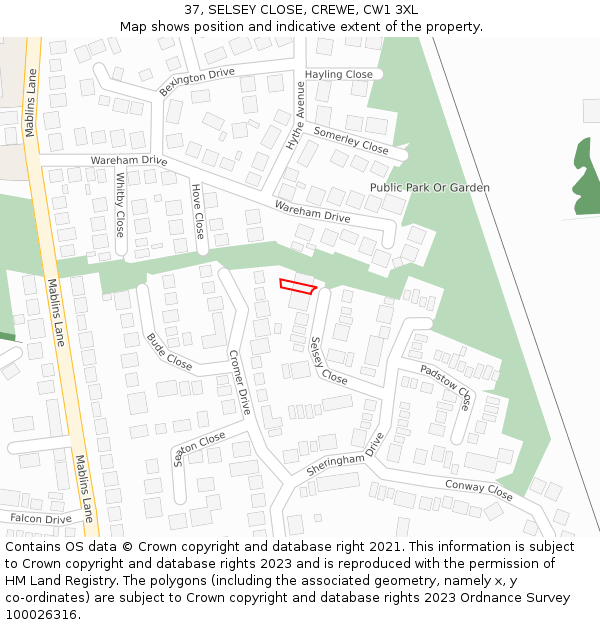 37, SELSEY CLOSE, CREWE, CW1 3XL: Location map and indicative extent of plot