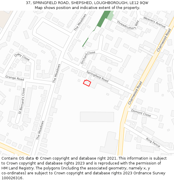 37, SPRINGFIELD ROAD, SHEPSHED, LOUGHBOROUGH, LE12 9QW: Location map and indicative extent of plot