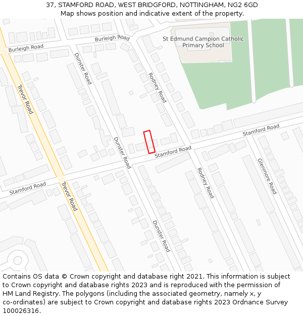 37, STAMFORD ROAD, WEST BRIDGFORD, NOTTINGHAM, NG2 6GD: Location map and indicative extent of plot