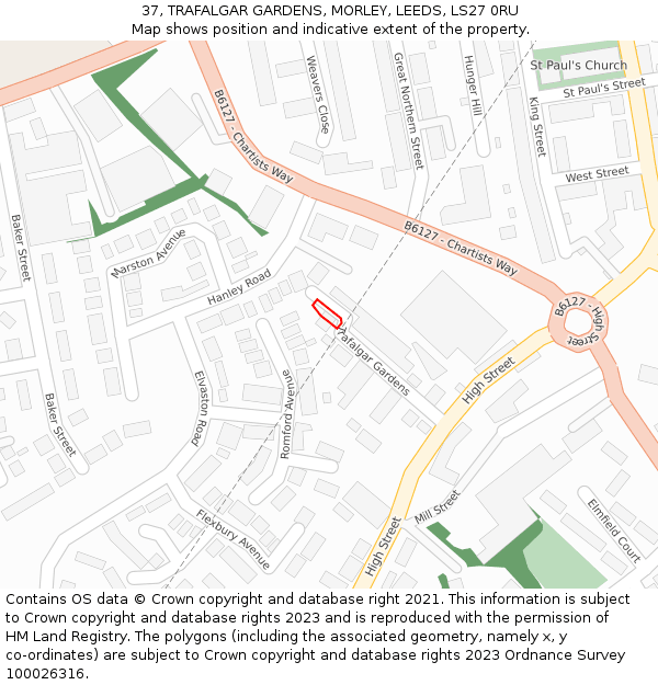 37, TRAFALGAR GARDENS, MORLEY, LEEDS, LS27 0RU: Location map and indicative extent of plot