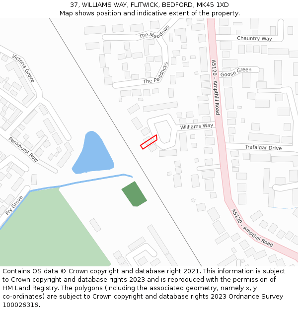 37, WILLIAMS WAY, FLITWICK, BEDFORD, MK45 1XD: Location map and indicative extent of plot