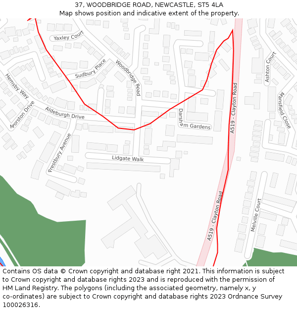 37, WOODBRIDGE ROAD, NEWCASTLE, ST5 4LA: Location map and indicative extent of plot