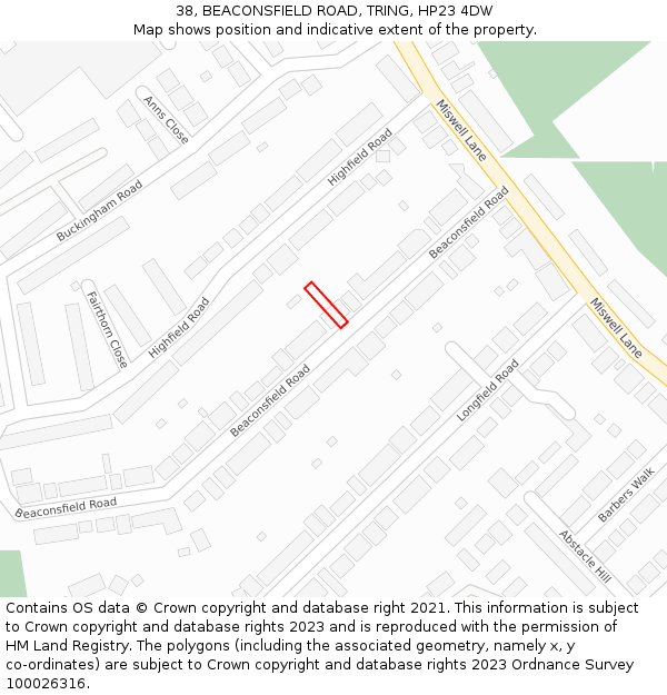 38, BEACONSFIELD ROAD, TRING, HP23 4DW: Location map and indicative extent of plot