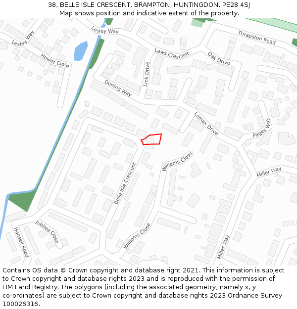 38, BELLE ISLE CRESCENT, BRAMPTON, HUNTINGDON, PE28 4SJ: Location map and indicative extent of plot