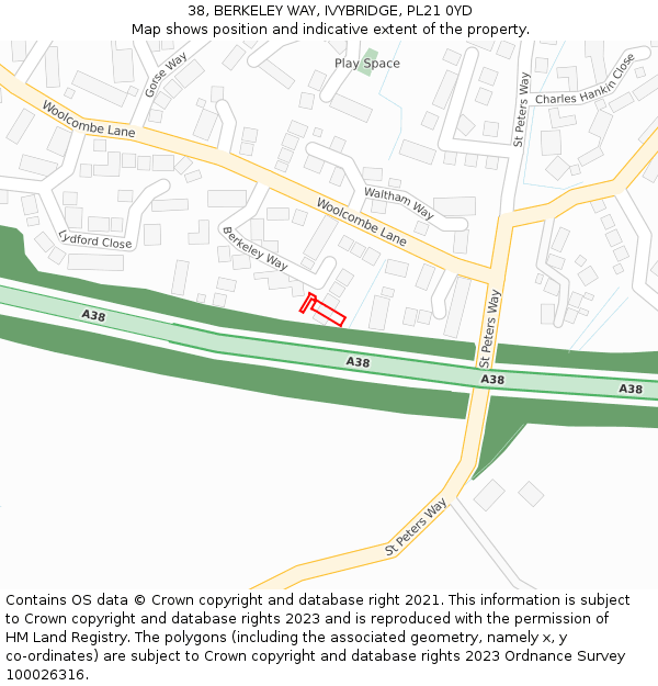 38, BERKELEY WAY, IVYBRIDGE, PL21 0YD: Location map and indicative extent of plot