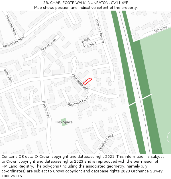 38, CHARLECOTE WALK, NUNEATON, CV11 4YE: Location map and indicative extent of plot